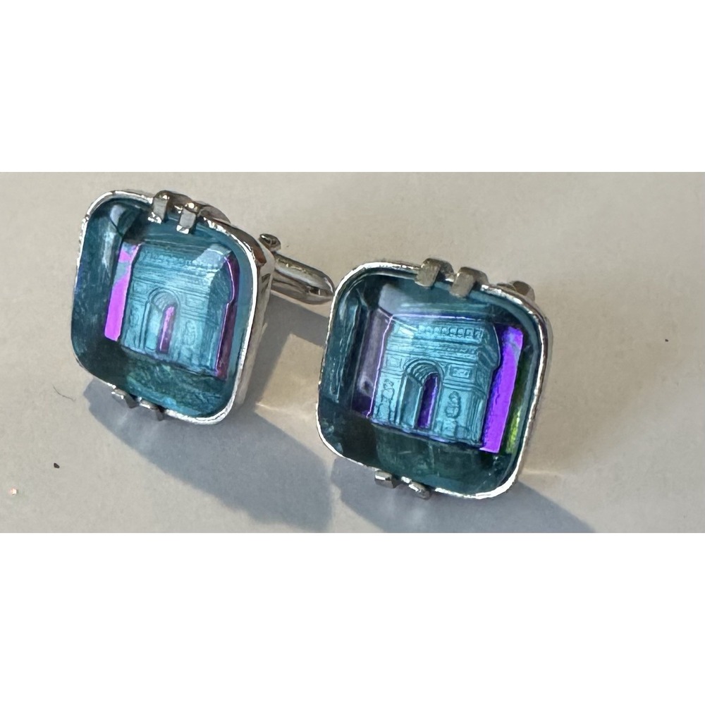 Vintage Swank Cufflinks Arc De Triomphe Aqua Blue Silver-tone SET